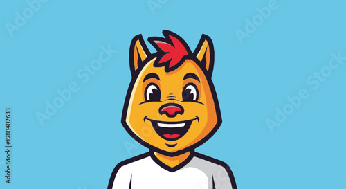 Cartoon character with red hair smiling on a blue background