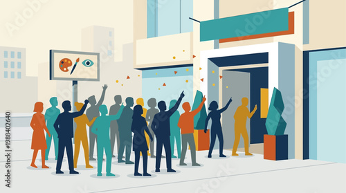 An energetic flat design illustration capturing the excitement and buzz of an opening day at the Venice Biennale, with a crowd eagerly gathering at an exhibition entrance. This vector image conveys th