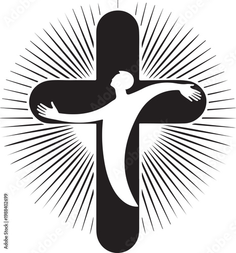 Christian cross with radiant light and human figure icon