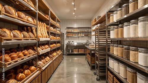 A well-organized bakery interior filled with shelves of freshly baked bread, pastries, and jars of ingredients