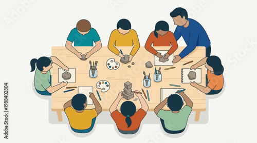 A collaborative flat design illustration depicting an art workshop or educational session taking place during the Venice Biennale. 