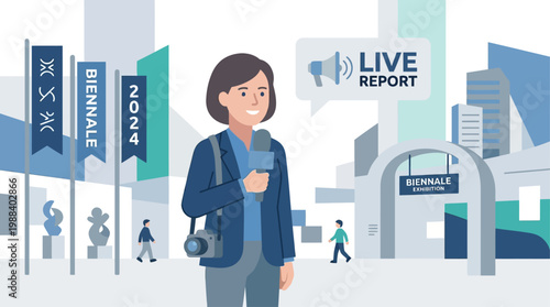 An informative flat design illustration depicting media coverage and journalism at the Venice Biennale, with a stylized reporter capturing the event's stories. This vector image represents the global 