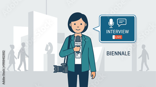 An informative flat design illustration depicting media coverage and journalism at the Venice Biennale, with a stylized reporter capturing the event's stories. This vector image represents the global 