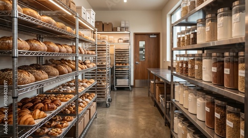 Artisan bakery interior with shelves of fresh bread, golden croissants, and pastries. An organized pantry displays various flours and baking ingredients, reflecting a professional culinary setting