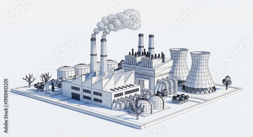 Industrial Factory Complex with Smokestacks and Cooling Towers.
