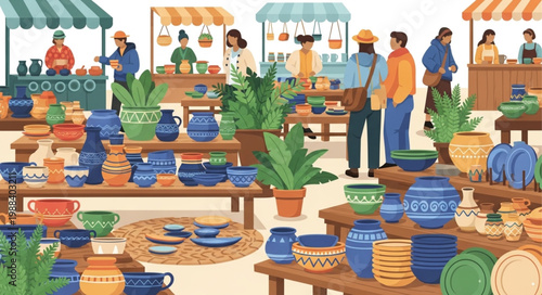 Outdoor Market Stall Displaying Ceramic Pottery and Crafts.