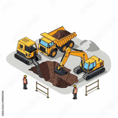 Construction site with excavators and dump truck digging a hole.