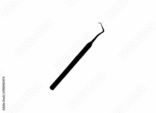 Dental Probe Instrument Silhouette: A minimalist, high-contrast silhouette of a dental probe, designed for medical or scientific use, embodies precision and the crucial role of diagnostic tools.