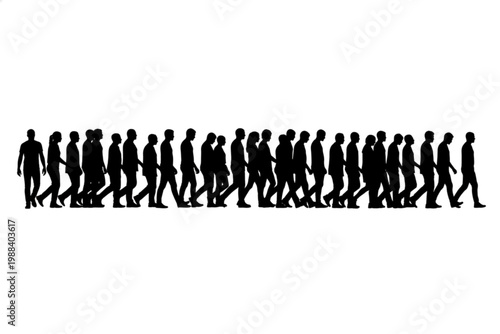 March of Unity: A long line of silhouettes moves purposefully forward, representing solidarity and a shared journey. The figures, united in their stride, evoke a sense of collective purpose.
