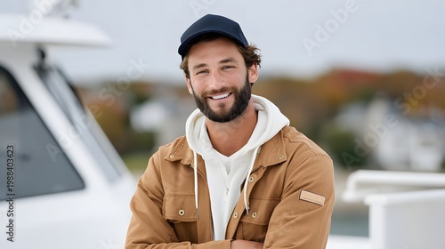 Smiling man in casual outdoor clothing with young man portrait outdoors