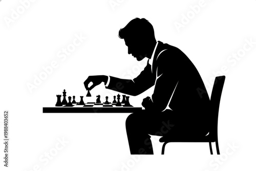 Strategic Move: A silhouette of a focused player meticulously contemplates their next chess move, with the pieces arranged on the board, ready for the mind games.
