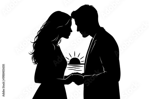 Eternal Love: Silhouette of a couple in a tender embrace, hand in hand, set against a tranquil ocean sunset.