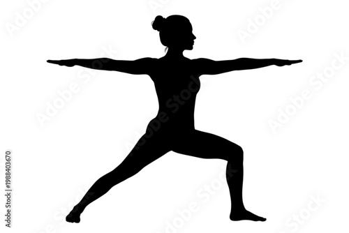 Yoga Silhouette: A poised silhouette of a woman demonstrates the warrior pose. Reflecting the practice of yoga, and inner strength