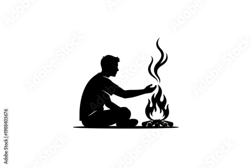 Campfire Solitude: A silhouette of a solitary figure by a crackling campfire, evoking a sense of calm and introspection amidst the serene night.