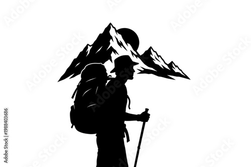 Adventure Silhouette: An adventurous hiker navigates a challenging mountainous landscape, representing the spirit of exploration and the thrill of the climb. 