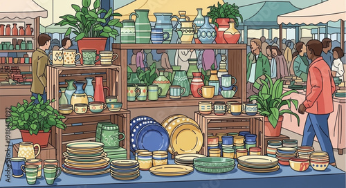Outdoor Market Stall Displaying Ceramic Pottery and Plants.
