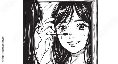Girl applies mascara with tears in manga style