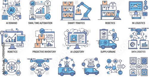 AI powered logistics and automation icons set featuring smart warehouses, robotics, predictive inventory, supply chain optimization and digital transformation vector illustration