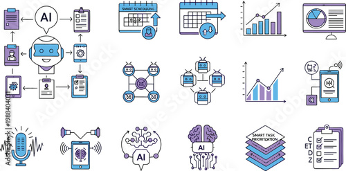 Artificial intelligence and machine learning icons set featuring data processing, automation, neural networks, voice recognition, analytics dashboards and smart technology vector illustration