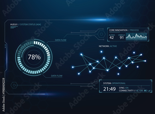 Futuristic HUD interface featuring a glowing circular progress bar, digital data visualization graphs, and network connection nodes on a dark blue tech background with hexagonal patterns.