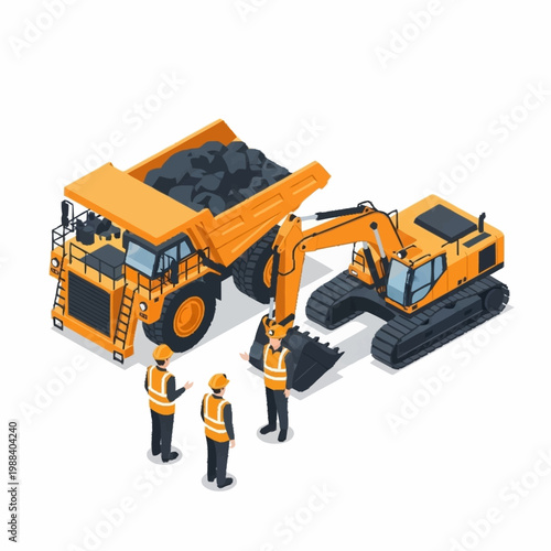 Construction workers inspect heavy machinery at a mine site.