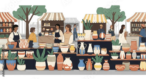 Outdoor Market Stall Displaying Handmade Pottery and Plants.