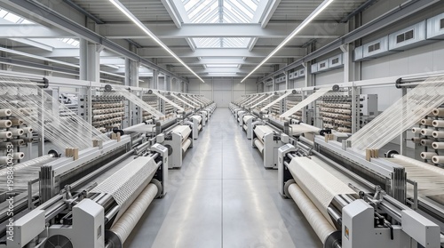 Vast, illuminated modern manufacturing plant with rows of advanced automated machinery efficiently producing textiles and thread in a high-tech industrial environment