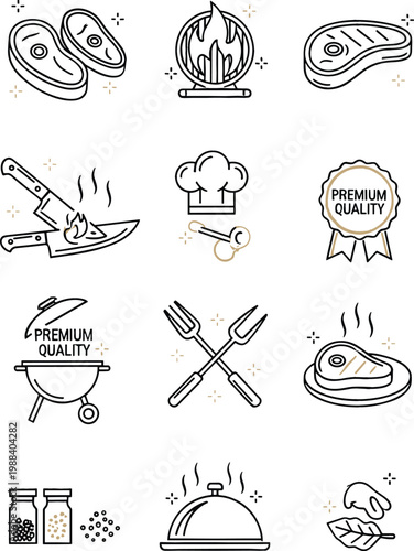 BBQ and Grilled Meat Icon Set Featuring Steak, Sausage, Grill, Chef, Skewers, Spices, Cloche, and Premium Quality Food Symbols for Restaurant and Menu Design