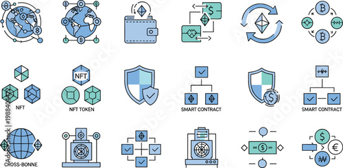 Blockchain and cryptocurrency technology icons set featuring smart contracts, NFT tokens, cross chain transactions, crypto wallet security and decentralized finance vector illustration