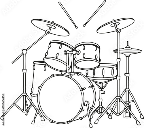 Drum Set Line Art Illustration – Acoustic Drum Kit Outline Drawing