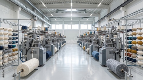 Rows of industrial knitting machines with spools of yarn in a modern, well-lit factory setting, showcasing manufacturing and production processes