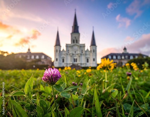 Historic cathedral with blooming flowers in foreground at dawn