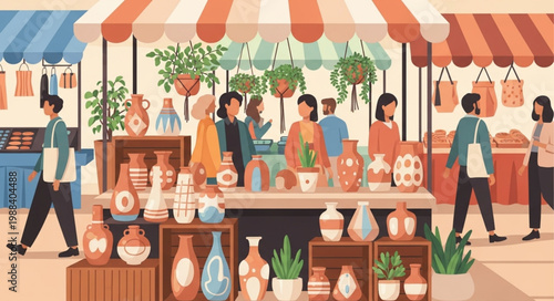 Outdoor Market Stall Displaying Pottery and Plants.