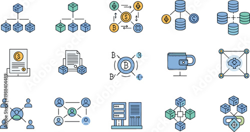 Blockchain and cryptocurrency technology icons set, digital finance network with bitcoin data storage and decentralized system concepts flat vector illustration