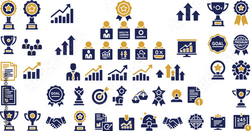 Business Achievement and Success Icon Set Featuring Awards, Growth Charts, Leadership, Teamwork, Goal Setting, Performance Metrics, and Corporate Recognition Symbols