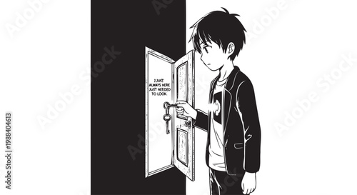 Boy opening door with key and surprising text