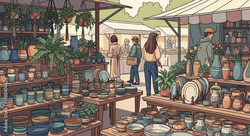 Outdoor Market Stall Displaying Pottery and Plants.