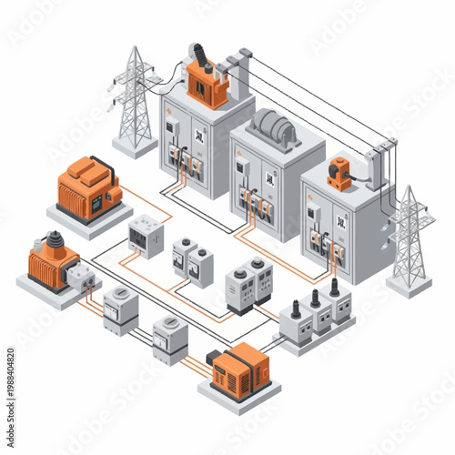 Electrical substation power distribution grid infrastructure isometric illustration.