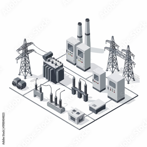 Electrical substation with power lines and transformers.