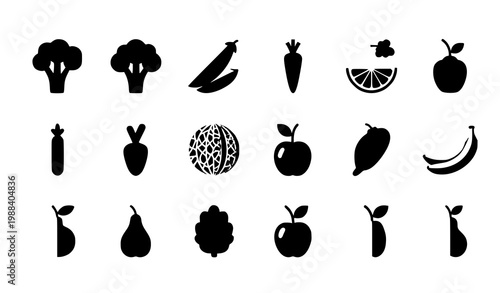 Flat fruits and vegetables icon set broccoli carrot lime melon modern food vector isolated on white background