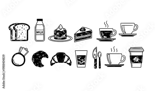 Modern breakfast outline icons bread coffee tea croissant food vector set for web and app isolated on white background