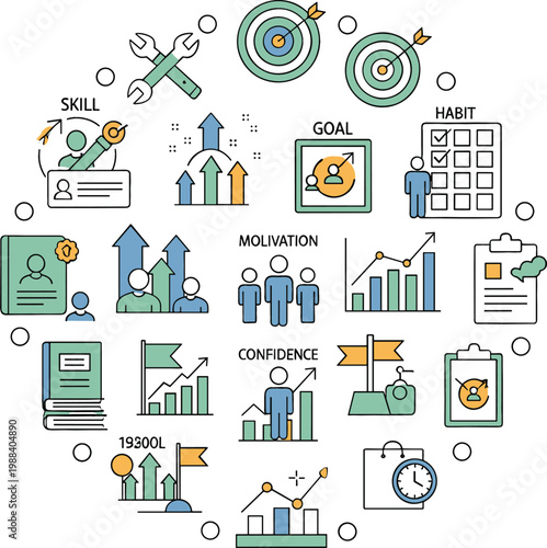 Business growth and success icons set featuring goal setting, analytics, teamwork, leadership, strategy planning, marketing performance and productivity vector illustration