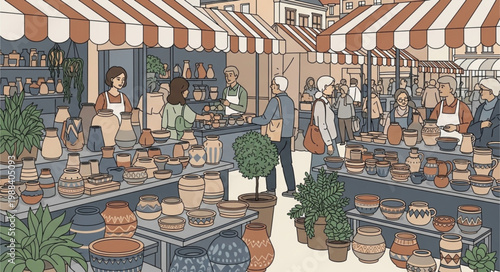 Outdoor Market Stall with Various Goods and Shoppers.