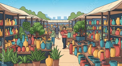 Outdoor market stalls filled with colorful pottery and plants.