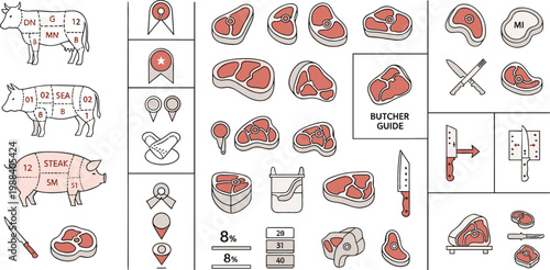 Butcher Meat Cuts Diagram Illustration Featuring Beef and Pork Sections, Steak Types, Cooking Guides, Butchery Tools, and Food Preparation Infographic Elements