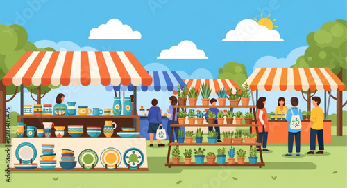 Outdoor market stalls with people browsing goods and plants.