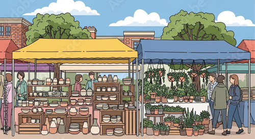 Outdoor Market Stalls with People and Goods.