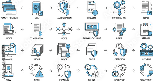 Business transaction and financial workflow icons set featuring invoice processing, approval, billing, subscription, banking operations, document exchange and payment systems vector illustration
