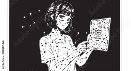 Girl with Stitched Face Holding Map of Constellations