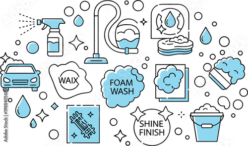 Car Wash Service Illustration Set with Cleaning Equipment, Foam, Water Spray, Vehicle Care Icons, Shine Finish Elements, and Automotive Maintenance Concepts